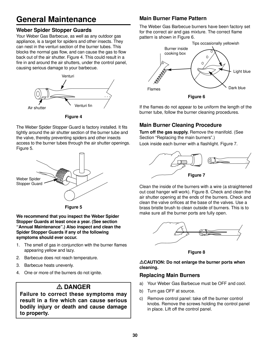 Weber 1500 owner manual General Maintenance, Weber Spider Stopper Guards, Main Burner Flame Pattern, Replacing Main Burners 