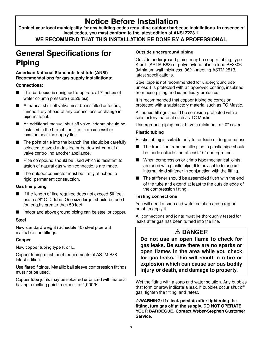 Weber 1500 owner manual General Specifications for Piping 