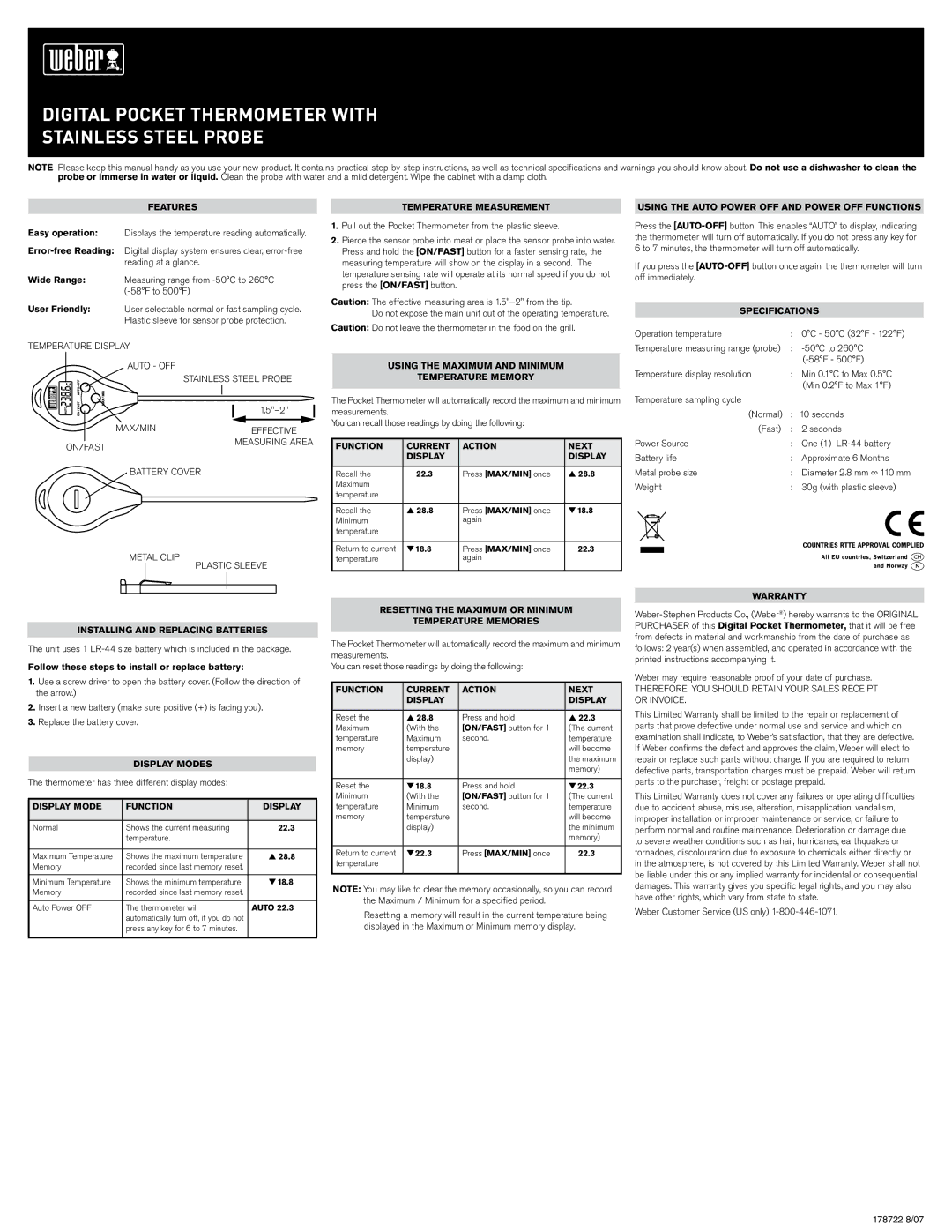 Weber 178722 specifications Features, Temperature Measurement, Using the Maximum and Minimum Temperature Memory 