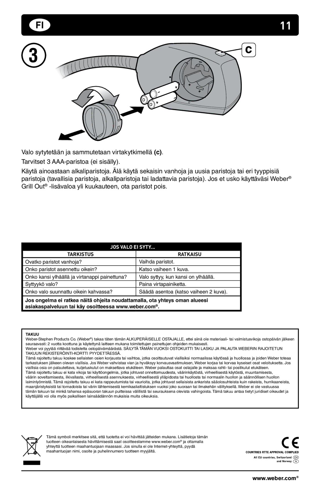 Weber 178759 manual Jos valo ei syty, Takuu 