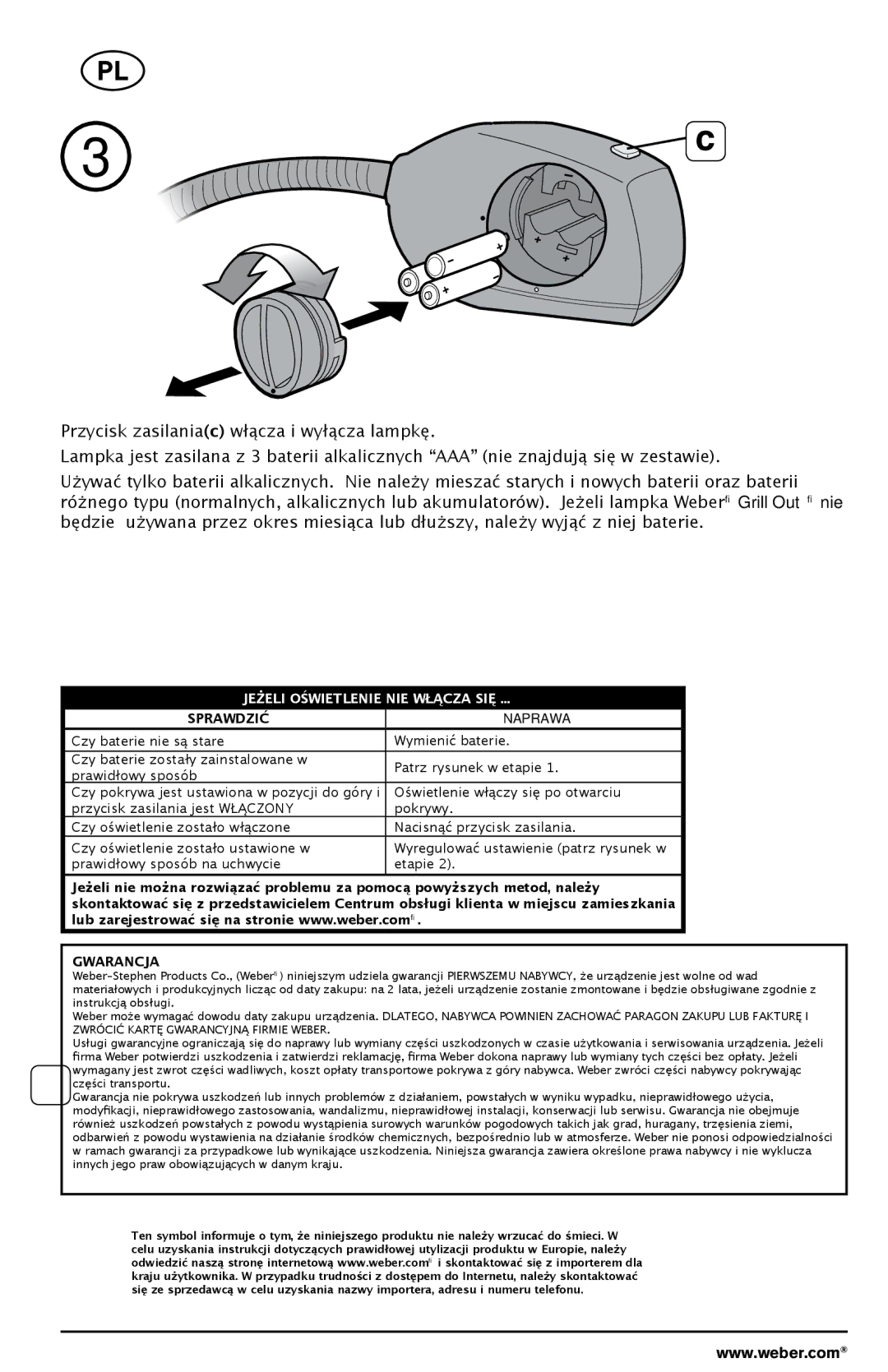 Weber 178759 manual Gwarancja 