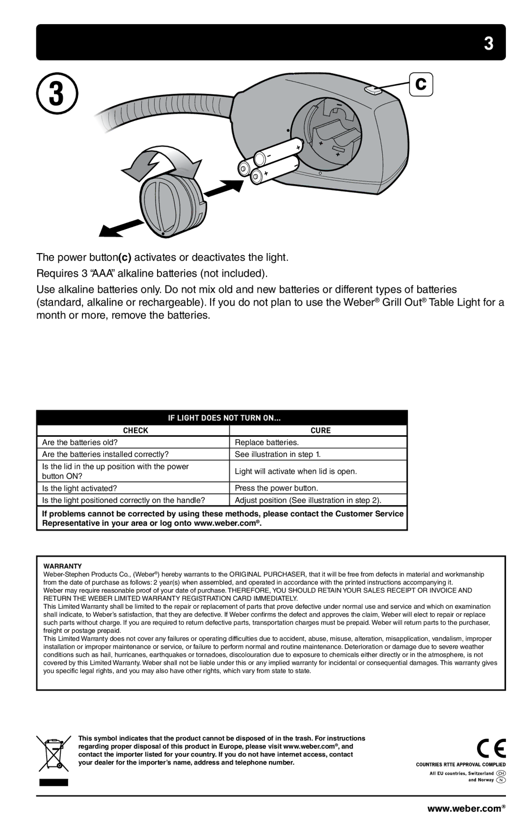 Weber 178759 manual If Light does not Turn on, Warranty 