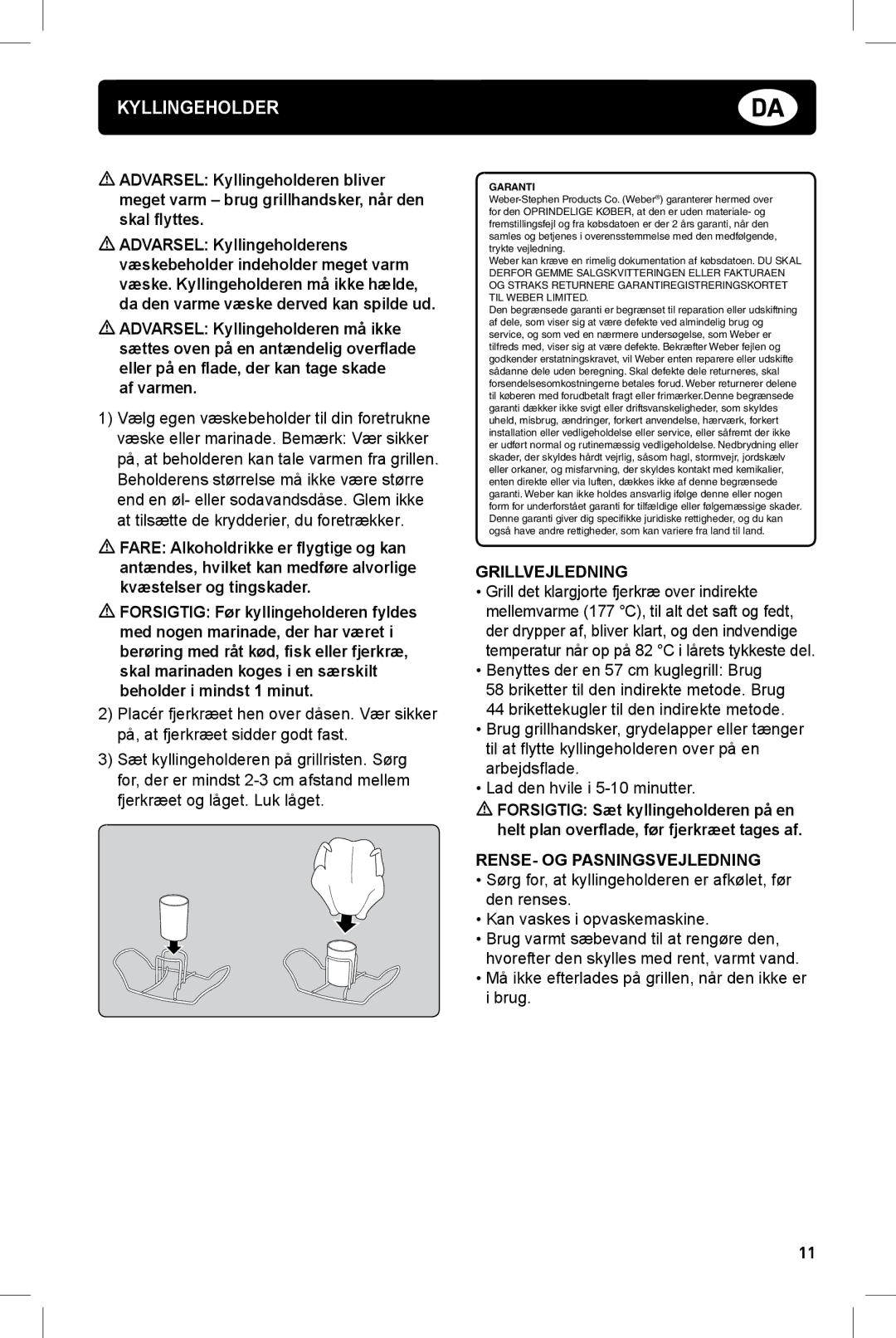 Weber 178760 manual Kyllingeholder, Af varmen, Grillvejledning, Rense- og pasningsvejledning 