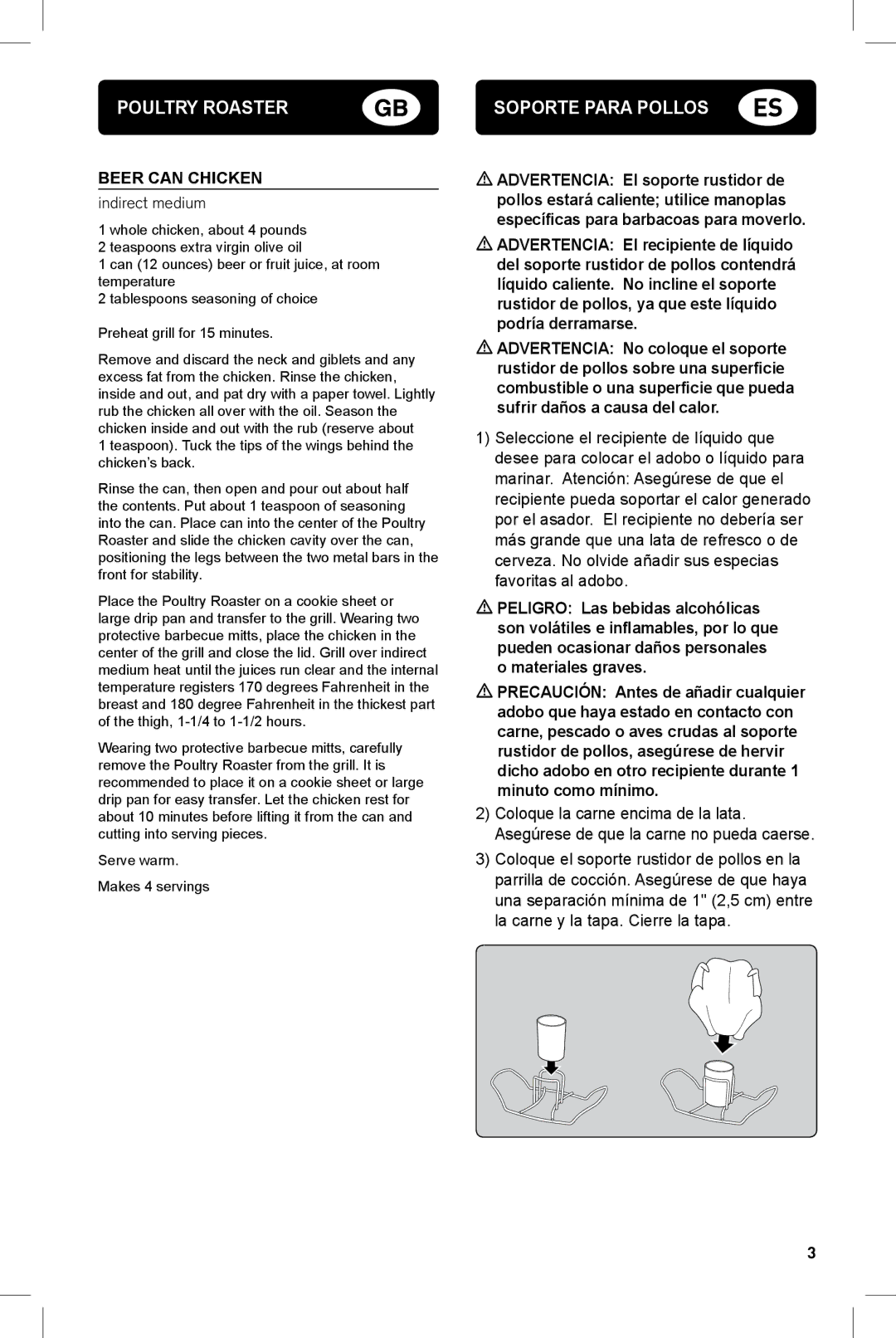 Weber 178760 manual Soporte para pollos, Beer can Chicken, Indirect medium 