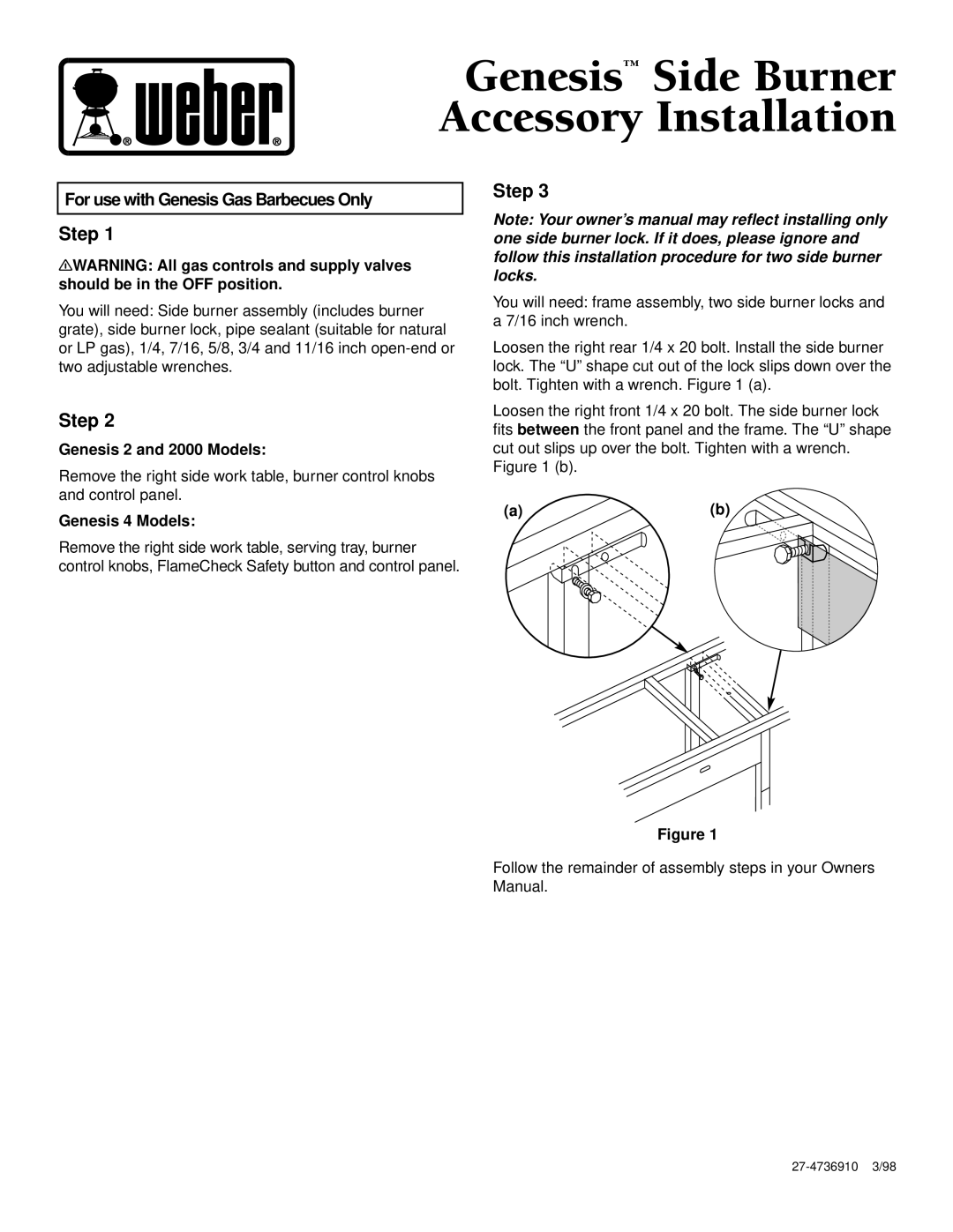 Weber owner manual Step, Genesis 2 and 2000 Models, Genesis 4 Models 