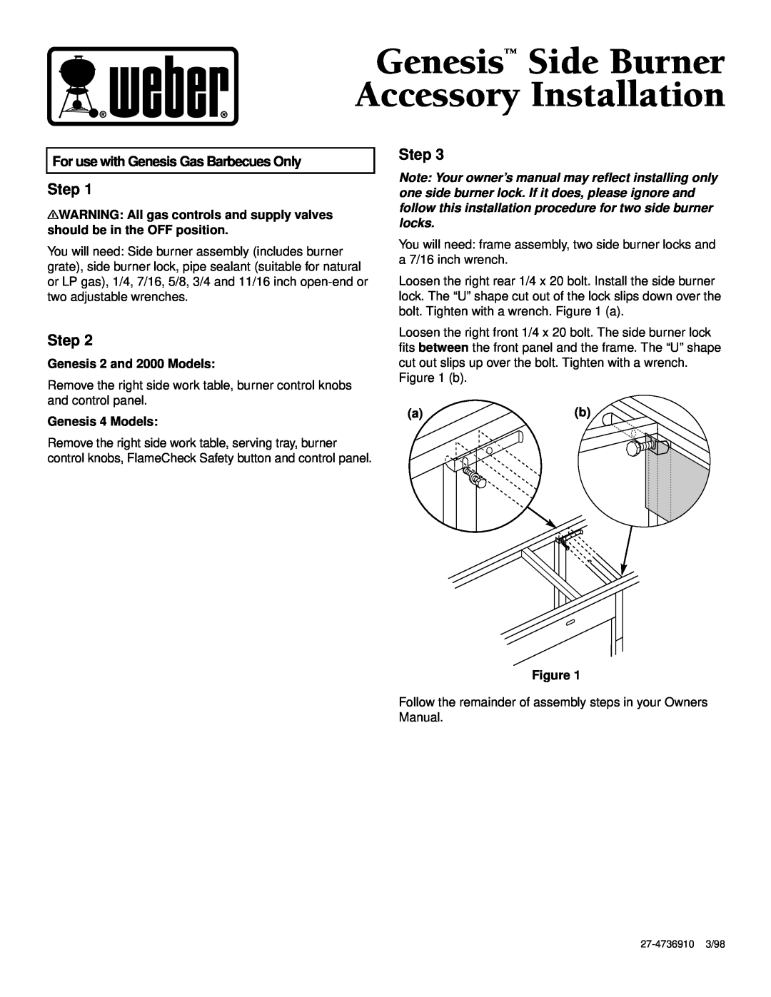 Weber 2 owner manual Step, For use with Genesis Gas Barbecues Only, Genesis Side Burner Accessory Installation 