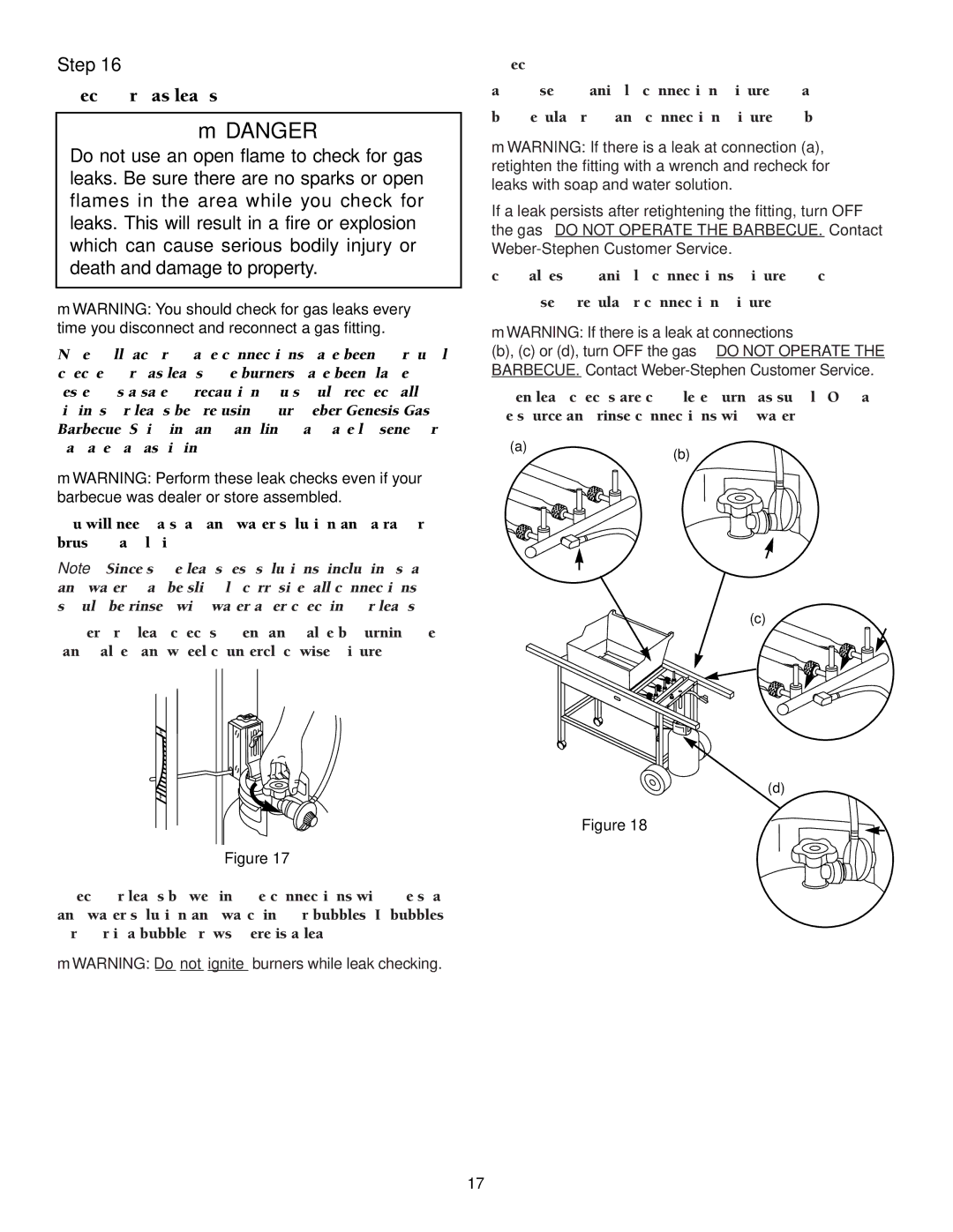 Weber 2000 LX Series owner manual Check for gas leaks, MWARNING Do not ignite burners while leak checking 