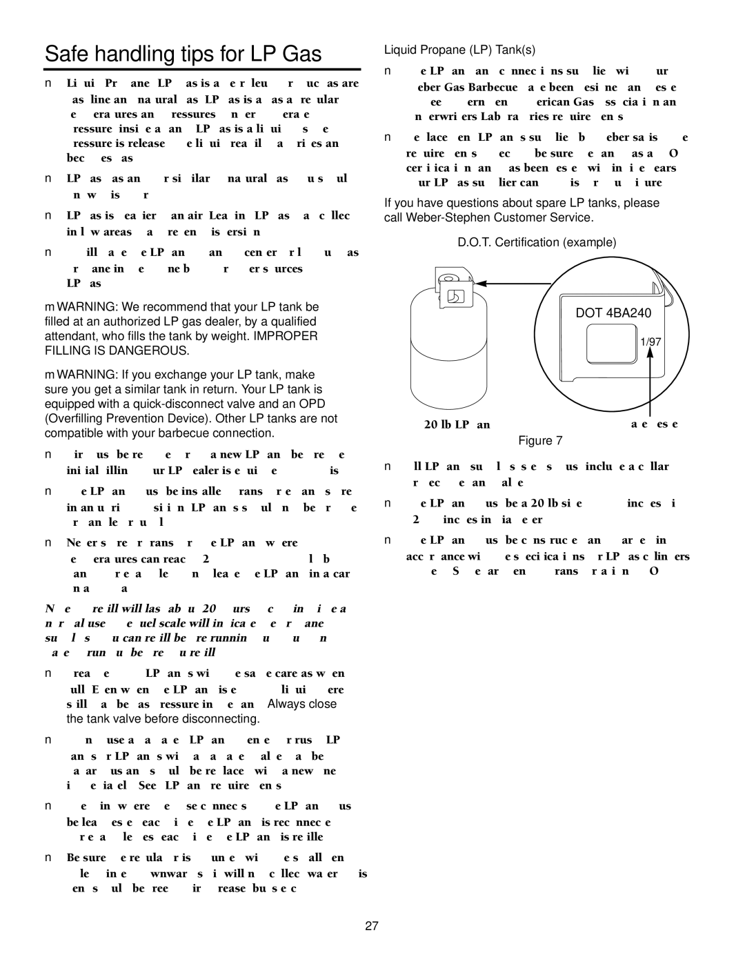 Weber 2000 LX Series owner manual Safe handling tips for LP Gas, Liquid Propane LP Tanks 