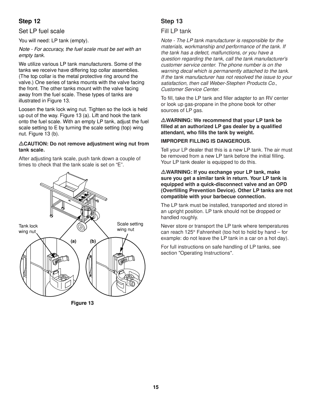 Weber 2000 LX owner manual Set LP fuel scale, Fill LP tank, MCAUTION Do not remove adjustment wing nut from tank scale 