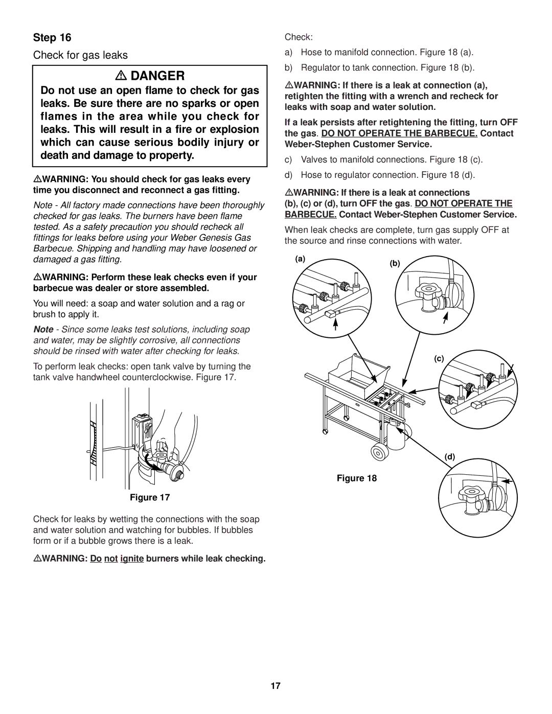 Weber 2000 LX owner manual Check for gas leaks, MWARNING Do not ignite burners while leak checking 