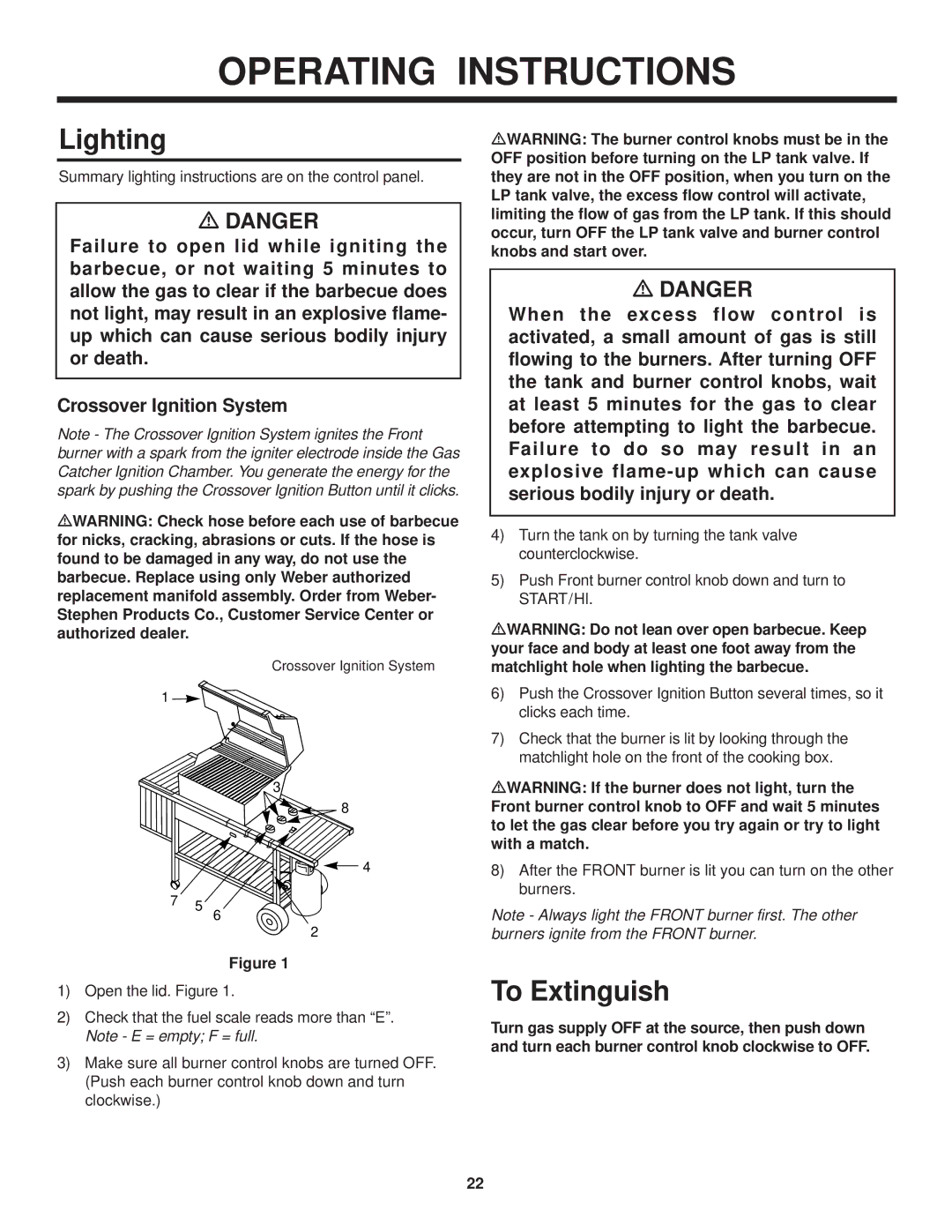 Weber 2000 LX owner manual Lighting, To Extinguish, Matchlight hole when lighting the barbecue 