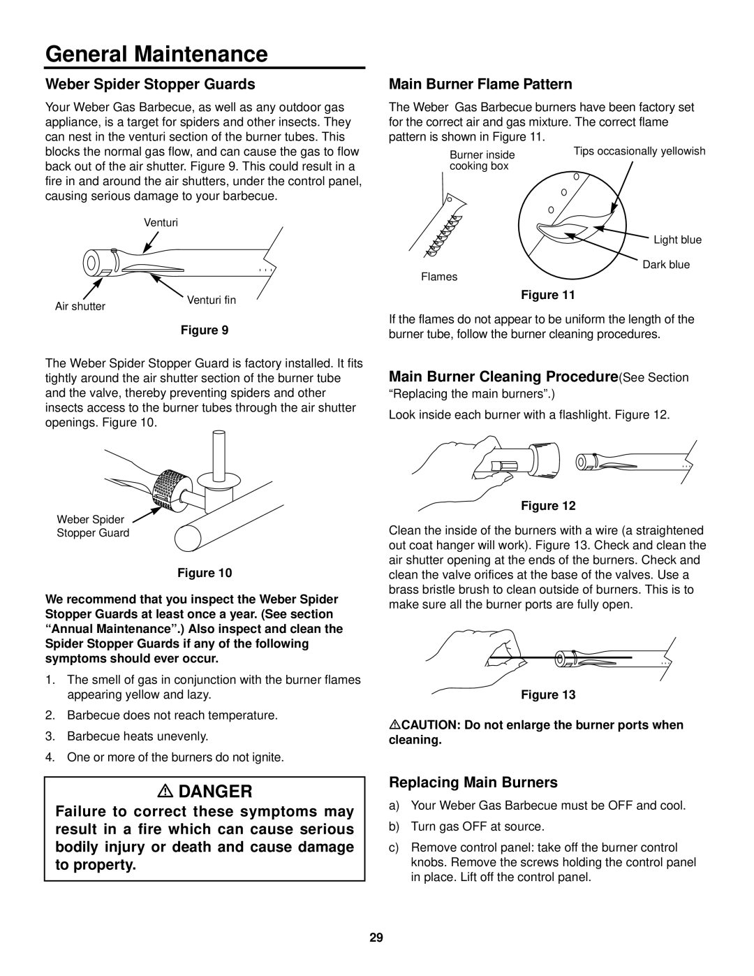 Weber 2000 LX General Maintenance, Weber Spider Stopper Guards, Main Burner Flame Pattern, Replacing Main Burners 