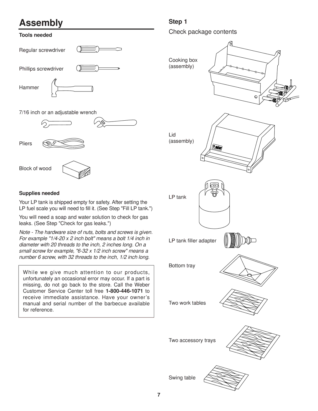 Weber 2000 LX owner manual Assembly, Step, Check package contents 