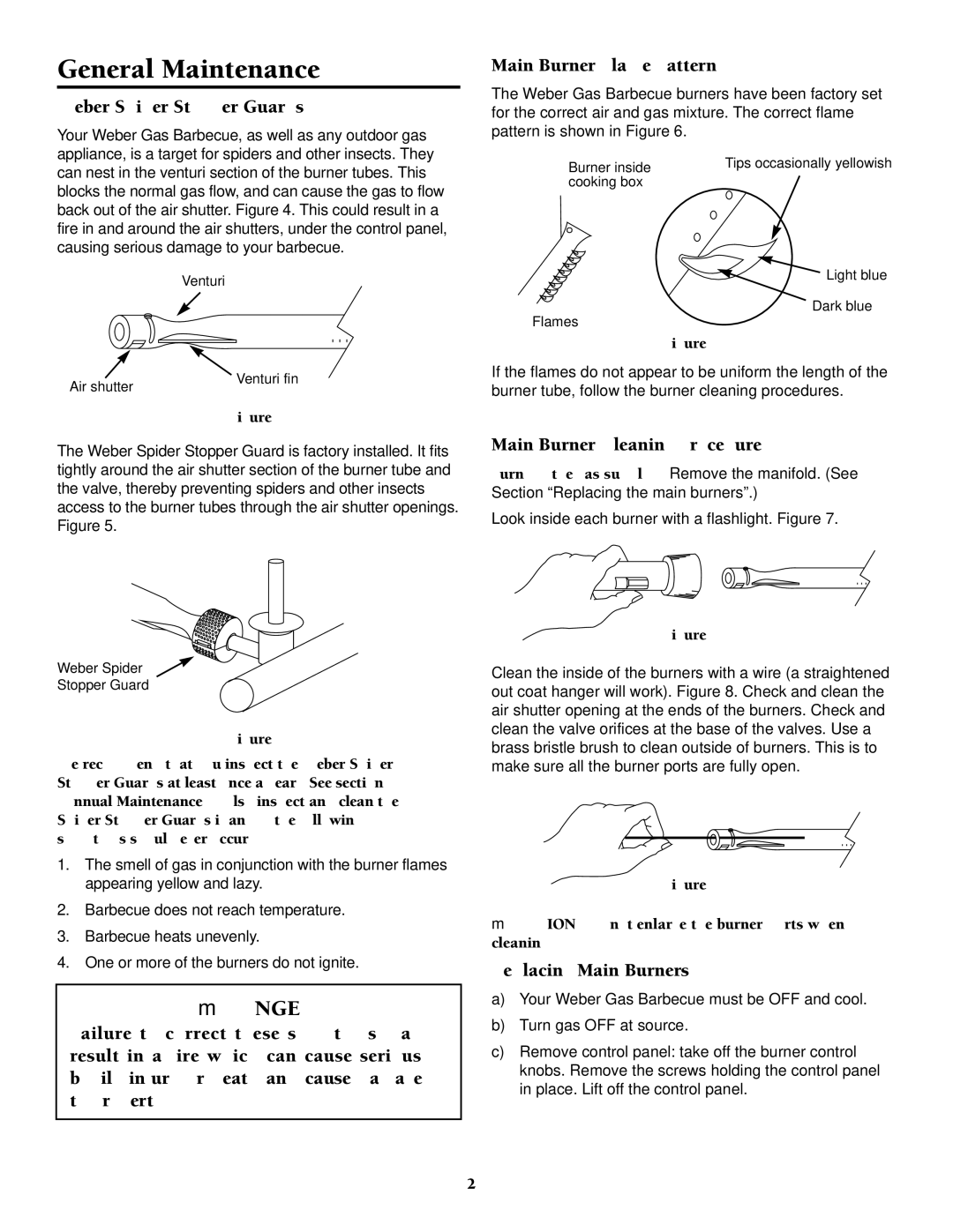Weber 2000 owner manual General Maintenance, Weber Spider Stopper Guards, Main Burner Flame Pattern, Replacing Main Burners 