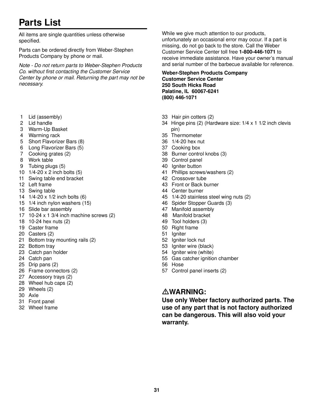 Weber 2000 owner manual Parts List, Mwarning 