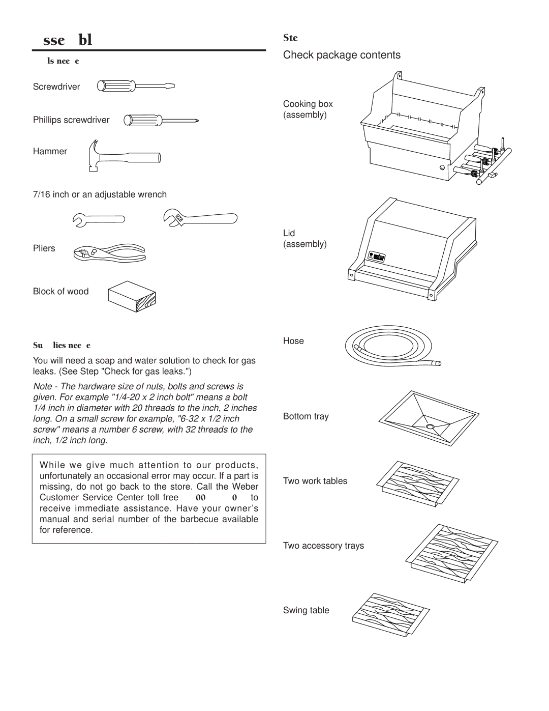 Weber 2000 owner manual Assembly, Step, Check package contents 