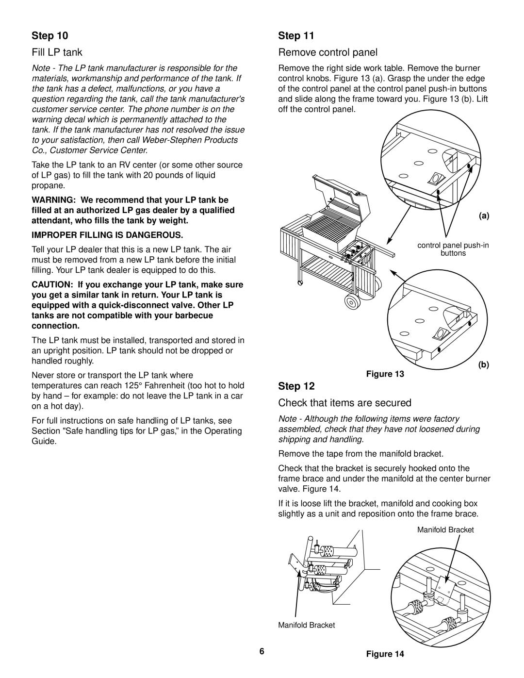 Weber 2200 Series manual Fill LP tank, Remove control panel, Check that items are secured 