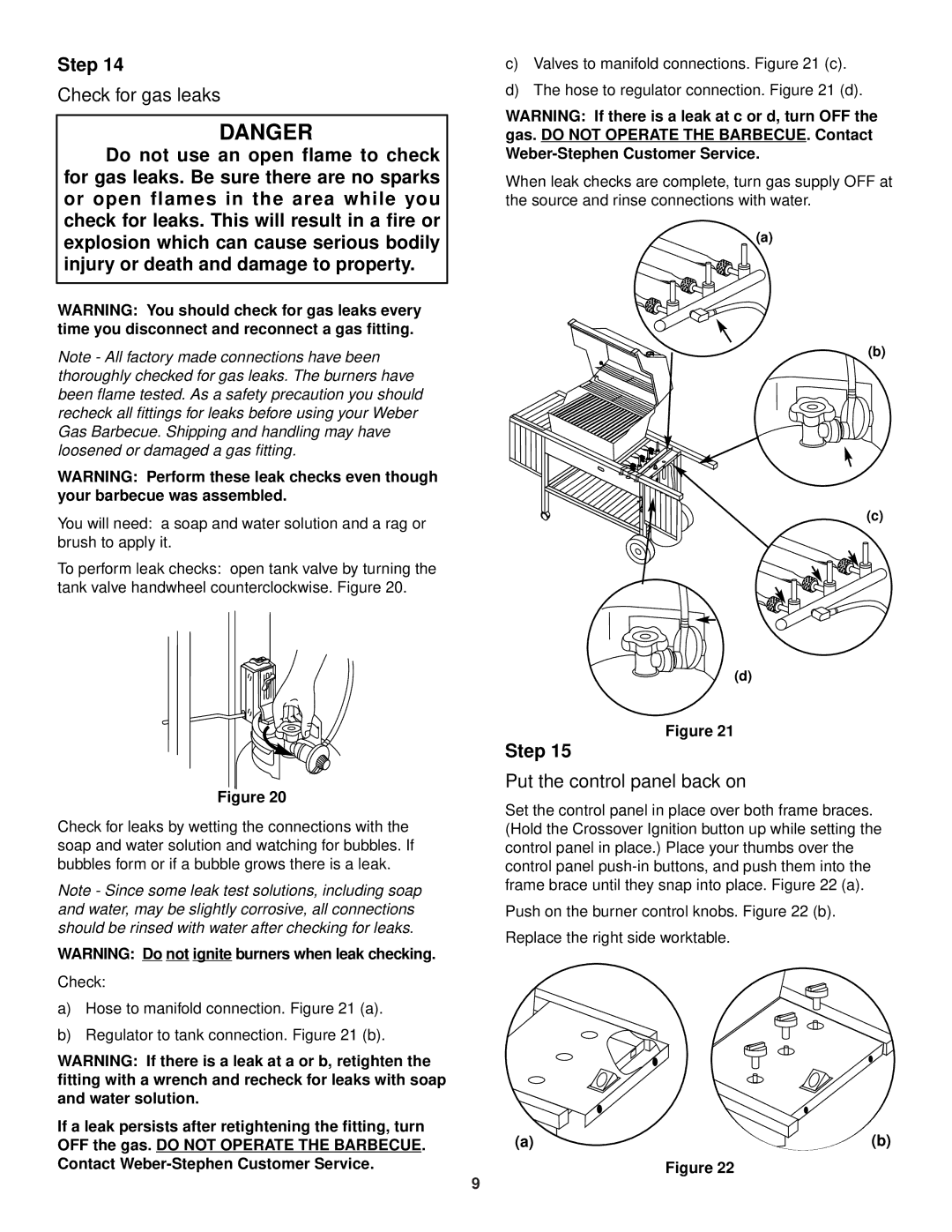 Weber 2200 Series manual Check for gas leaks, Put the control panel back on 