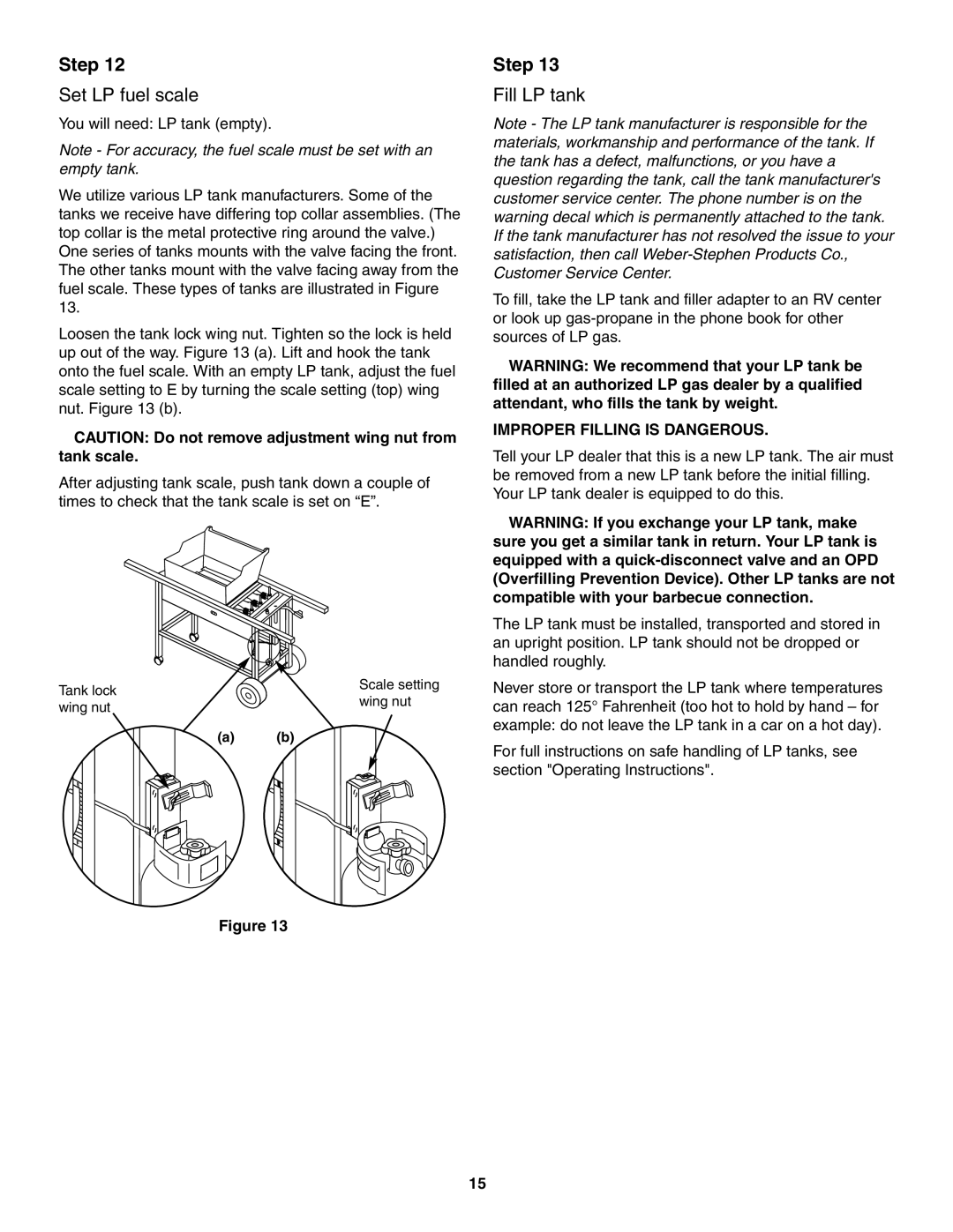 Weber 2300 owner manual Set LP fuel scale, Fill LP tank 