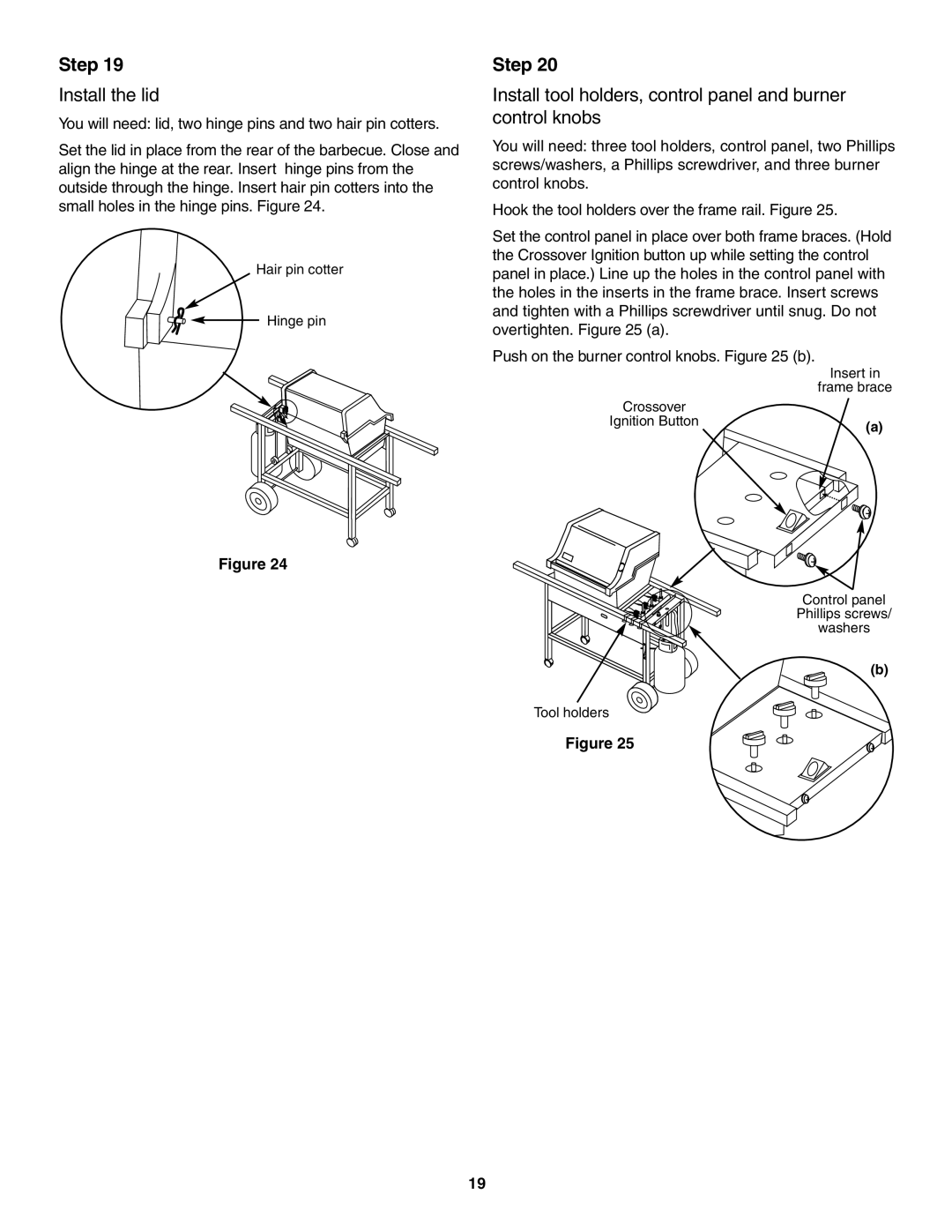 Weber 2300 owner manual Install the lid, Install tool holders, control panel and burner control knobs 