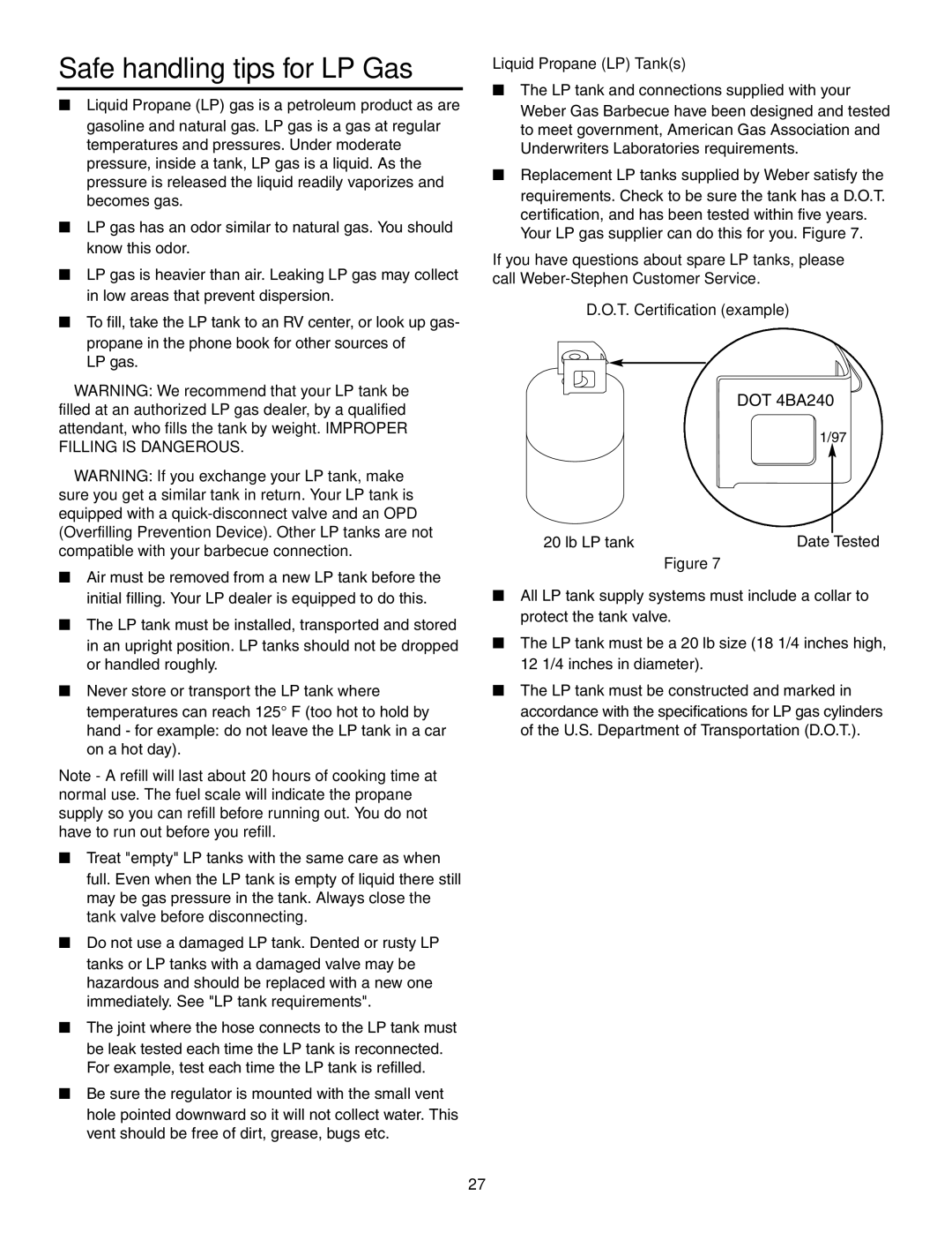 Weber 2300 owner manual Safe handling tips for LP Gas, Liquid Propane LP Tanks 