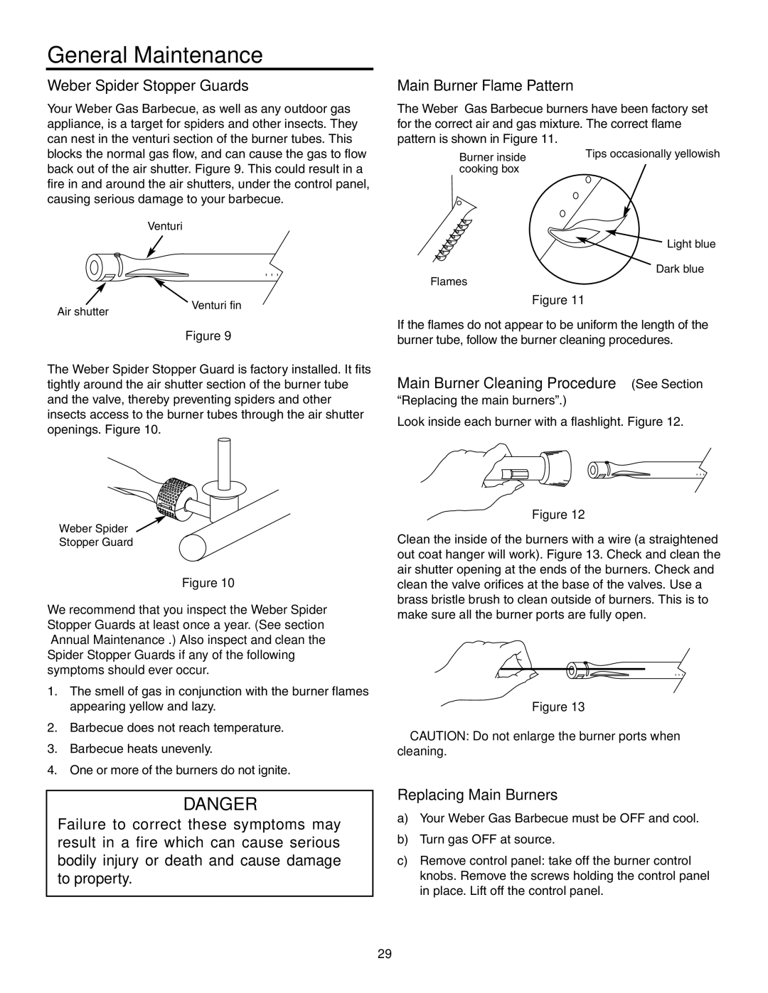 Weber 2300 owner manual General Maintenance, Weber Spider Stopper Guards, Main Burner Flame Pattern, Replacing Main Burners 