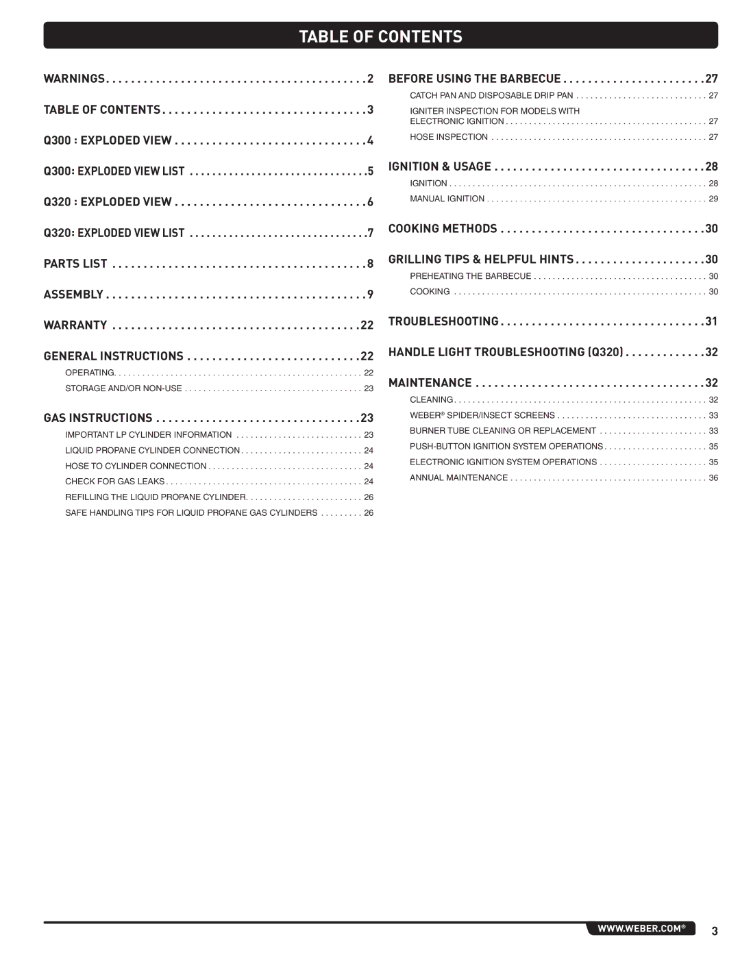 Weber 300 manual Table of Contents 