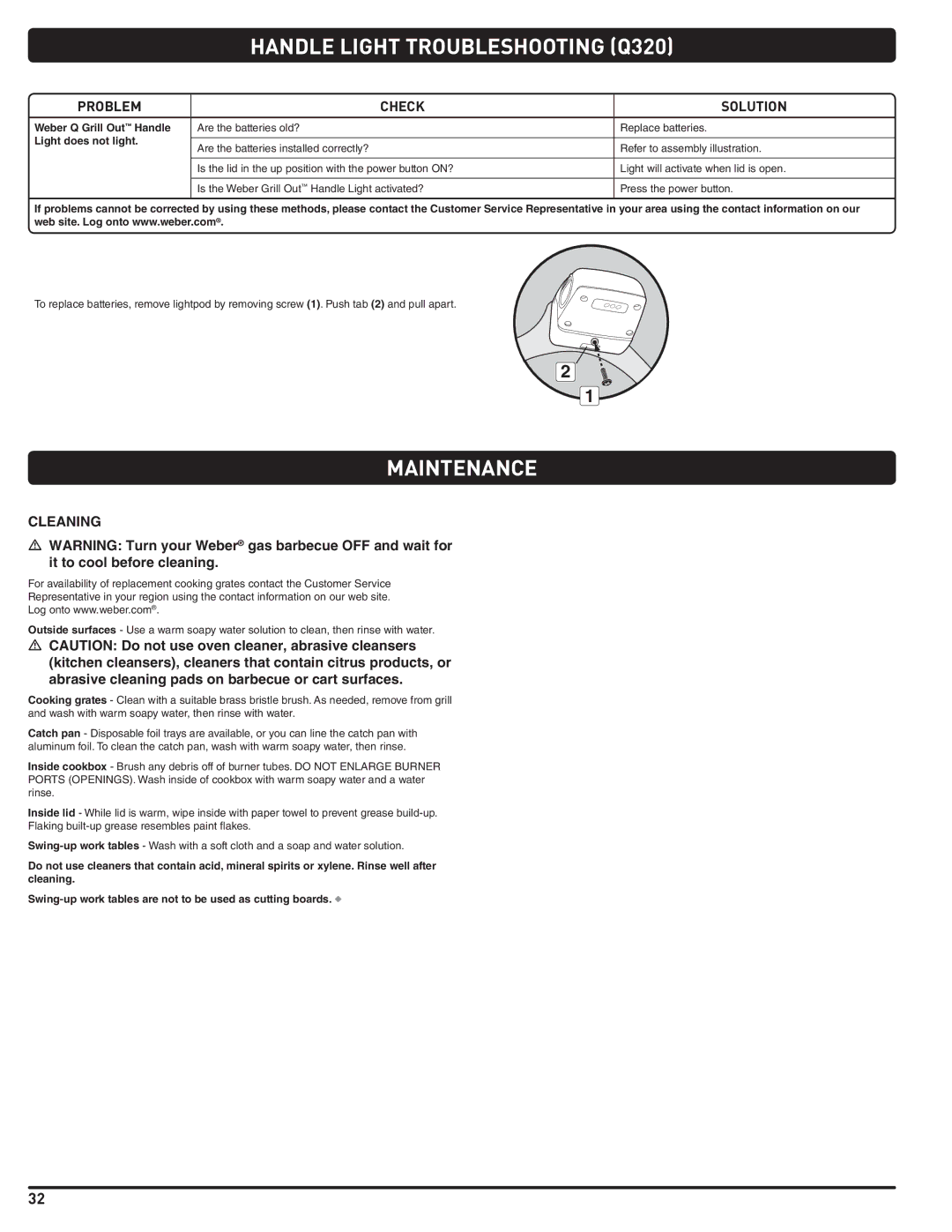 Weber 300 manual Handle Light Troubleshooting Q320, Maintenance, Cleaning 