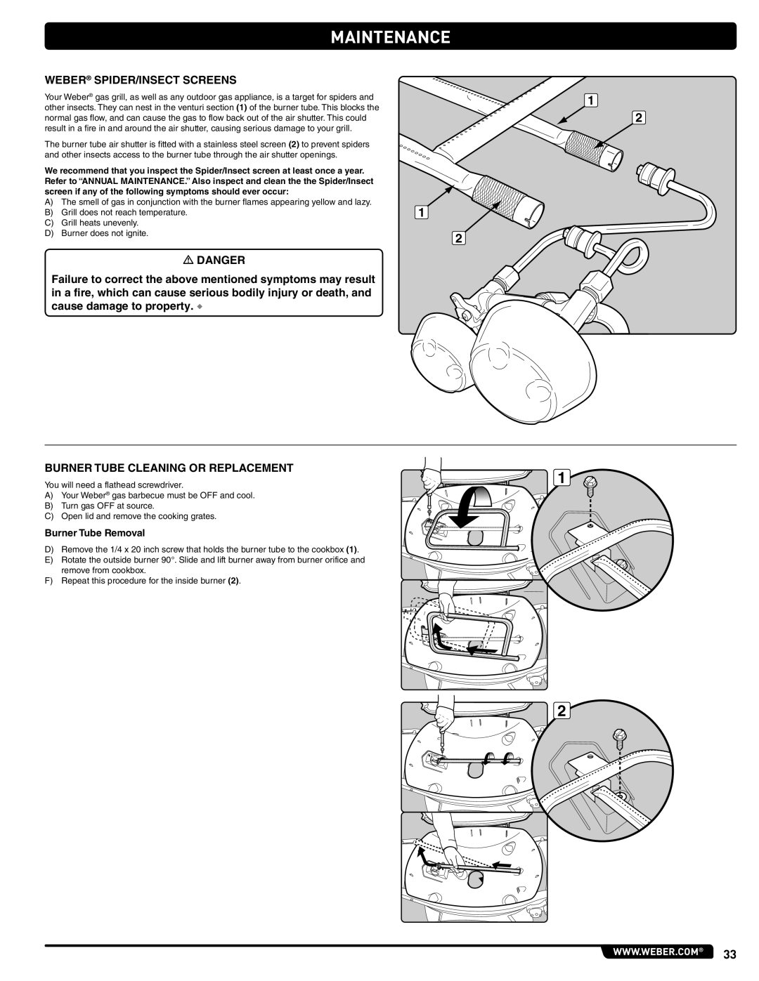 Weber 300 manual Weber SPIDER/INSECT Screens, Burner Tube Cleaning or Replacement, Burner Tube Removal 