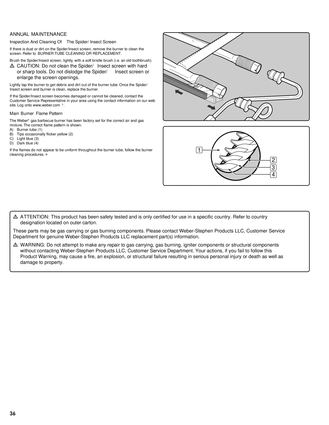 Weber 300 manual Annual Maintenance, Inspection And Cleaning Of The Spider/Insect Screen, Main Burner Flame Pattern 