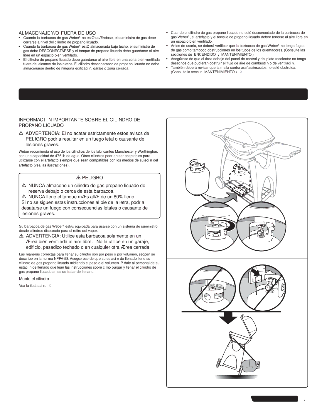 Weber 300 manual Instrucciones Sobre EL GAS, Almacenaje Y/O Fuera DE USO, Monte el cilindro 