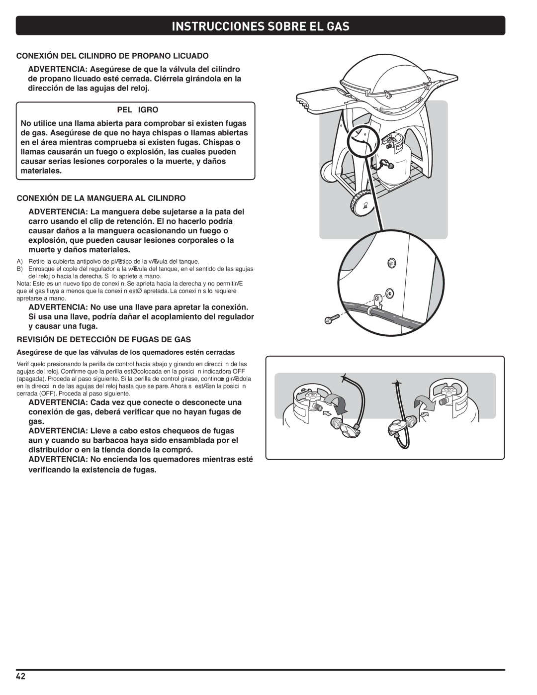 Weber 300 manual Conexión DEL Cilindro DE Propano Licuado, Conexión DE LA Manguera AL Cilindro 