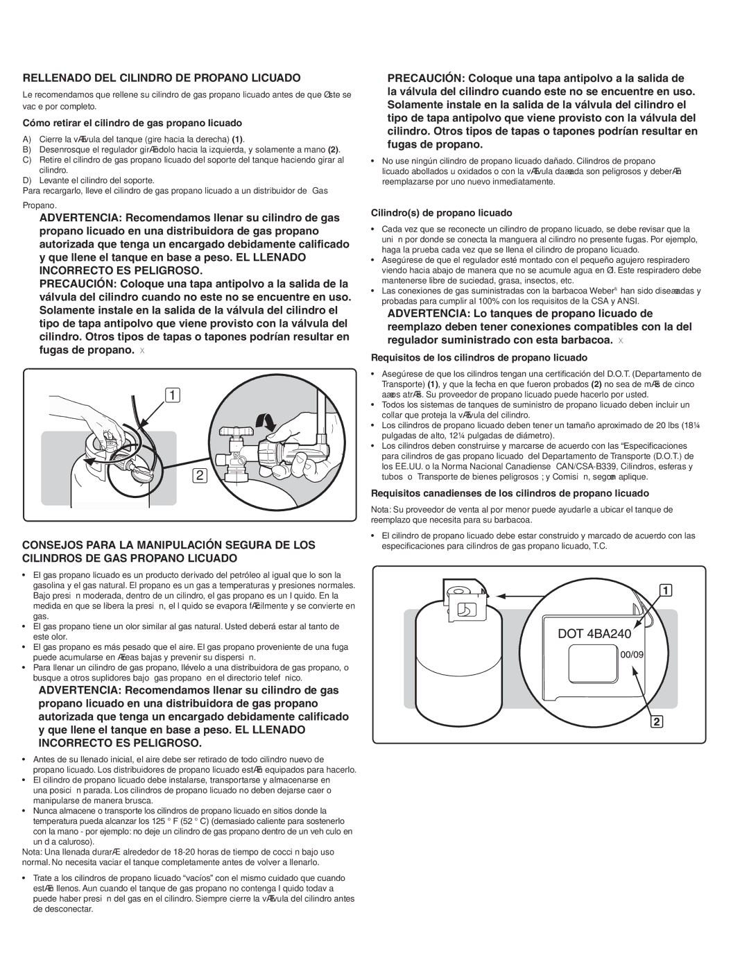 Weber 300 manual Rellenado DEL Cilindro DE Propano Licuado, Cómo retirar el cilindro de gas propano licuado 