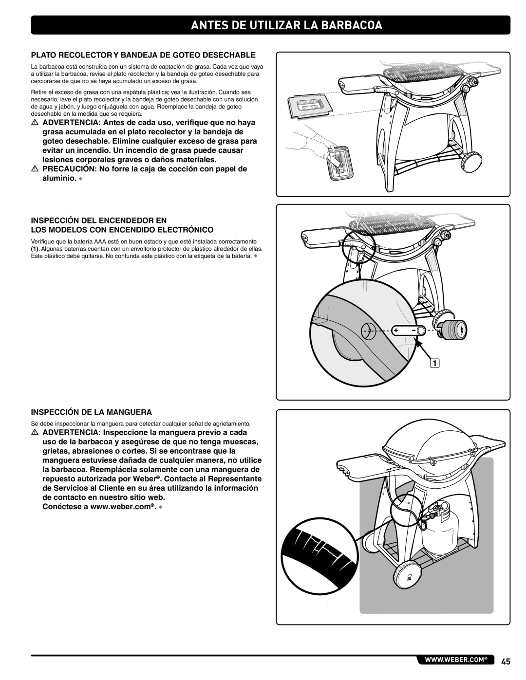 Weber 300 manual Antes DE Utilizar LA Barbacoa, Plato Recolector Y Bandeja DE Goteo Desechable, Inspección DE LA Manguera 