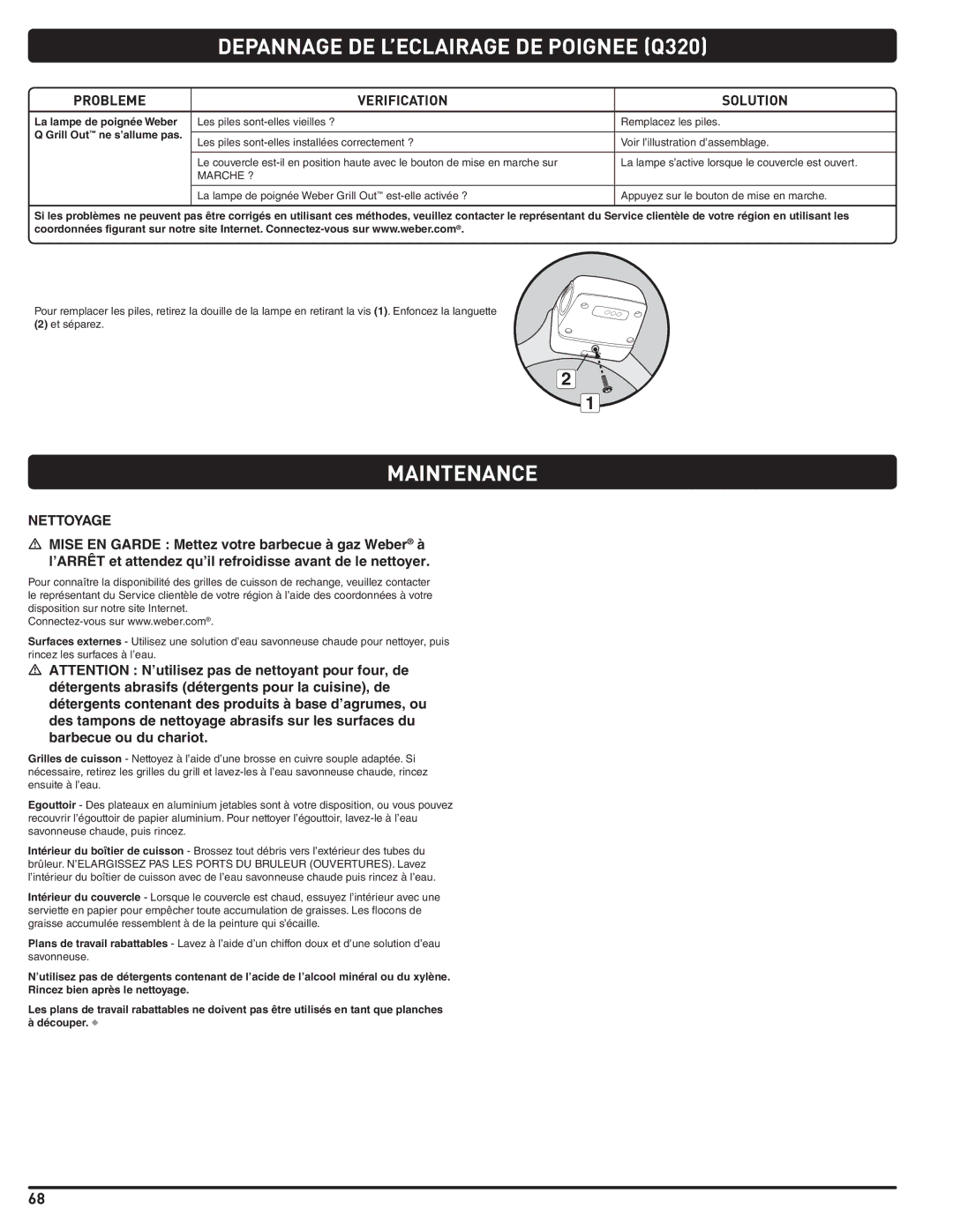Weber 300 manual Depannage DE L’ECLAIRAGE DE Poignee Q320, Nettoyage 
