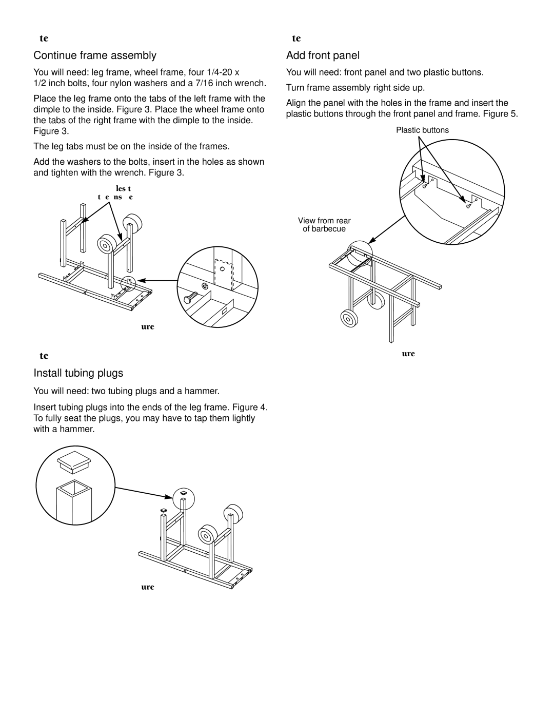 Weber 3000 LX owner manual Continue frame assembly, Add front panel, Install tubing plugs 