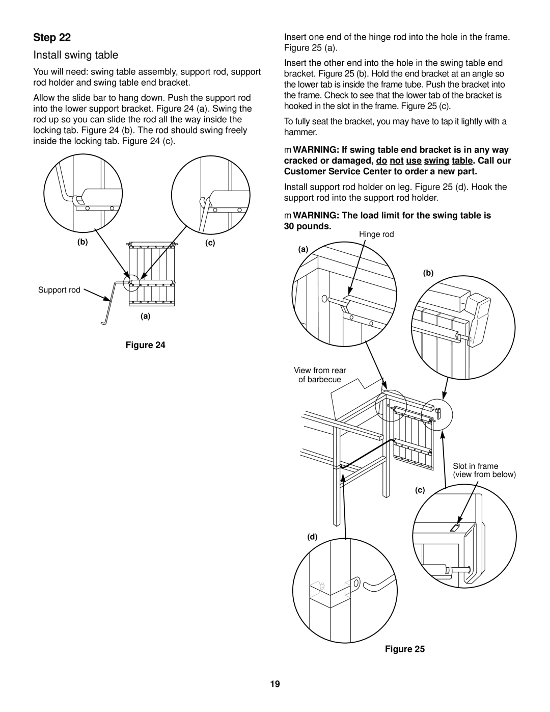 Weber 3000 LX owner manual Install swing table, MWARNING The load limit for the swing table is 30 pounds 