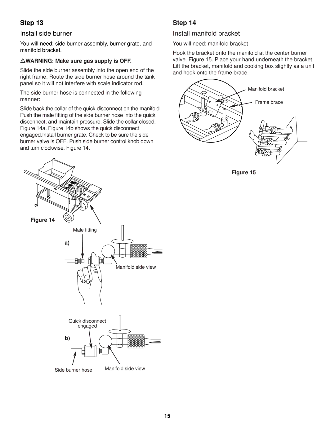 Weber 3000 LX owner manual Install side burner, Install manifold bracket, MWARNING Make sure gas supply is OFF 