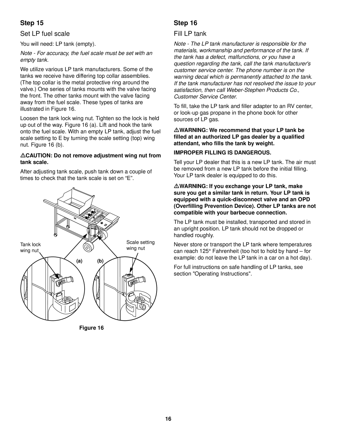 Weber 3000 LX owner manual Set LP fuel scale, Fill LP tank, MCAUTION Do not remove adjustment wing nut from tank scale 