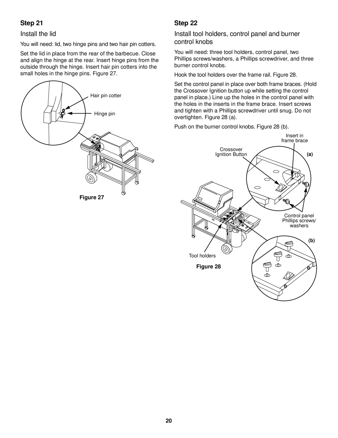 Weber 3000 LX owner manual Install the lid, Install tool holders, control panel and burner control knobs 