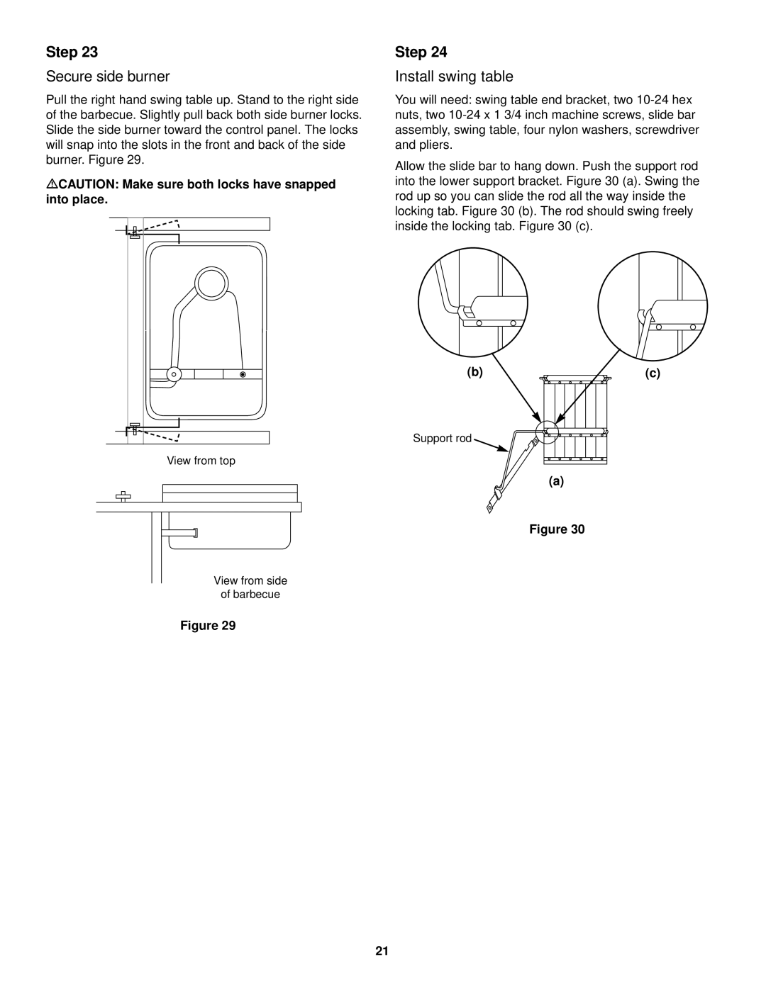 Weber 3000 LX owner manual Secure side burner, Install swing table, MCAUTION Make sure both locks have snapped into place 