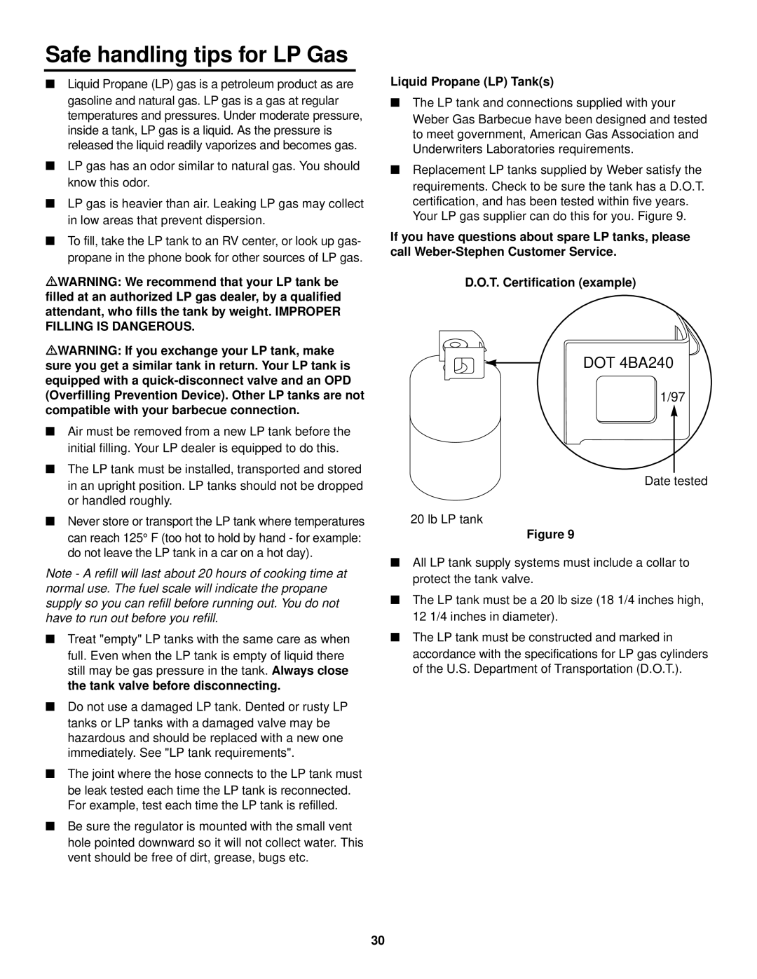 Weber 3000 LX owner manual Safe handling tips for LP Gas, DOT 4BA240, Liquid Propane LP Tanks 