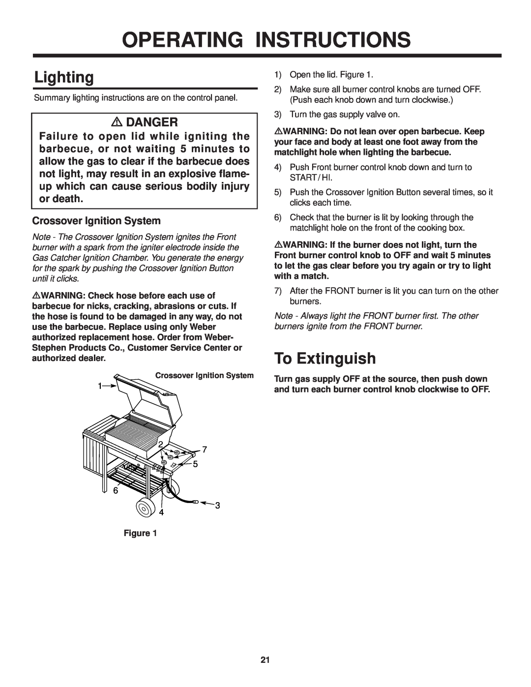 Weber 3000 LX owner manual Operating Instructions, Lighting, To Extinguish, m DANGER, Crossover Ignition System 