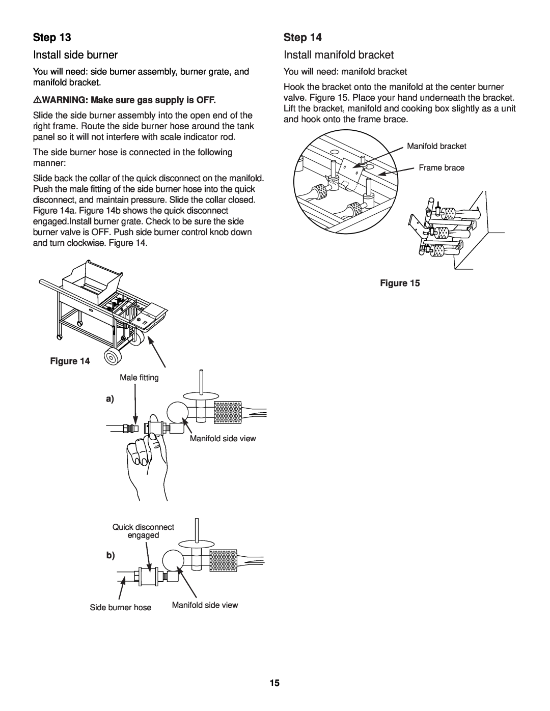 Weber 3000 LX Step, Install side burner, Install manifold bracket, mWARNING Make sure gas supply is OFF, Figure Figure 