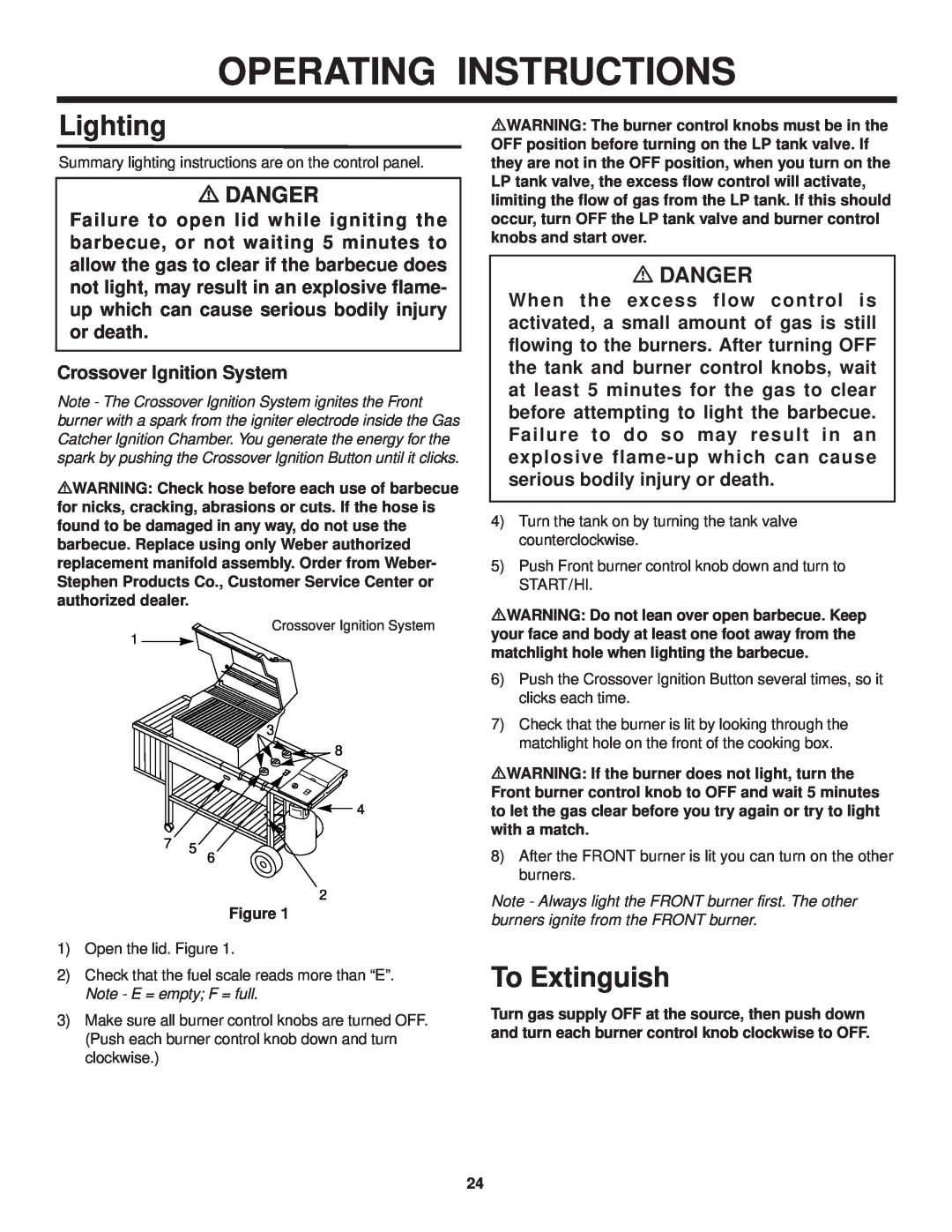 Weber 3000 LX owner manual Operating Instructions, Lighting, To Extinguish, mDANGER, Crossover Ignition System 