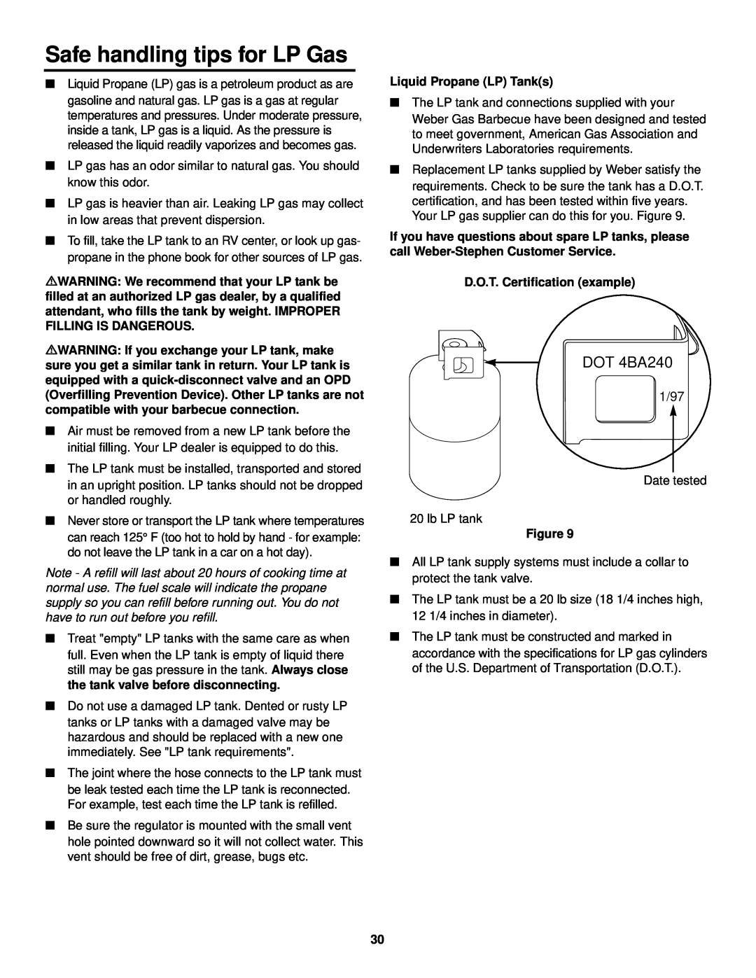 Weber 3000 LX owner manual Safe handling tips for LP Gas, 1/97, Liquid Propane LP Tanks, D.O.T. Certification example 