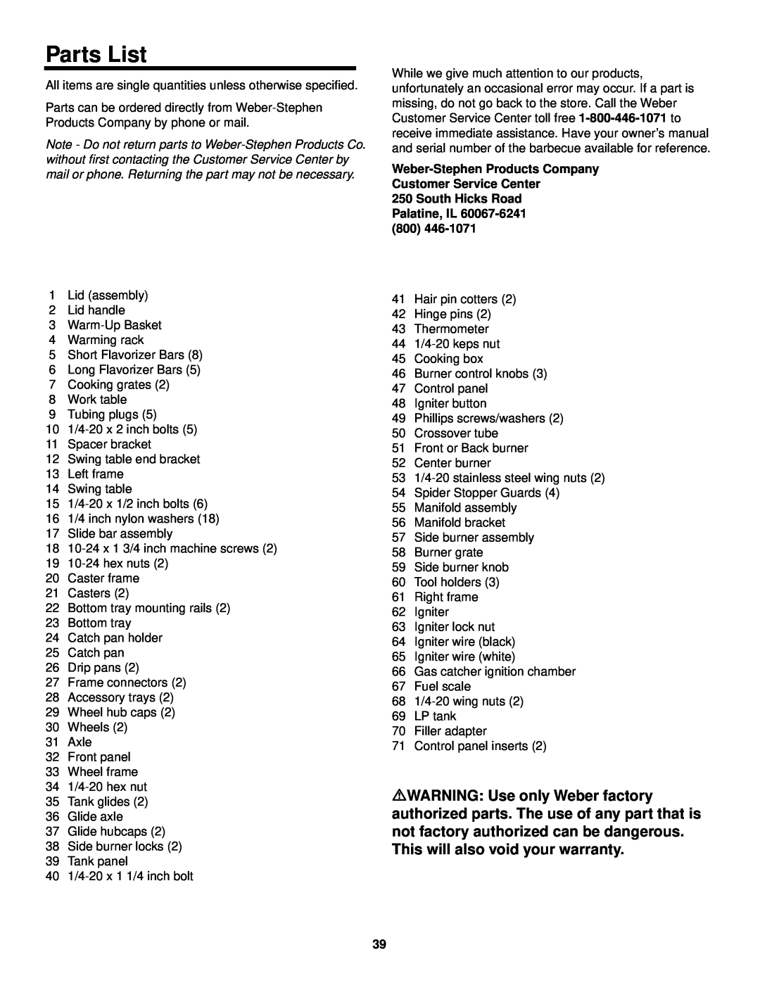 Weber 3000 LX owner manual Parts List, South Hicks Road Palatine, IL 