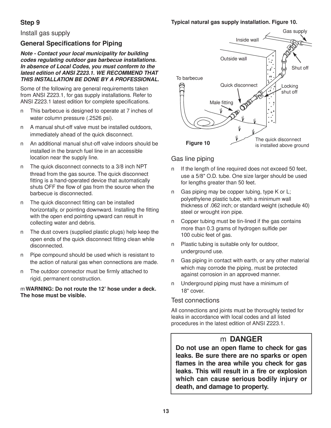 Weber 3000 Series owner manual Install gas supply, General Specifications for Piping, Gas line piping, Test connections 