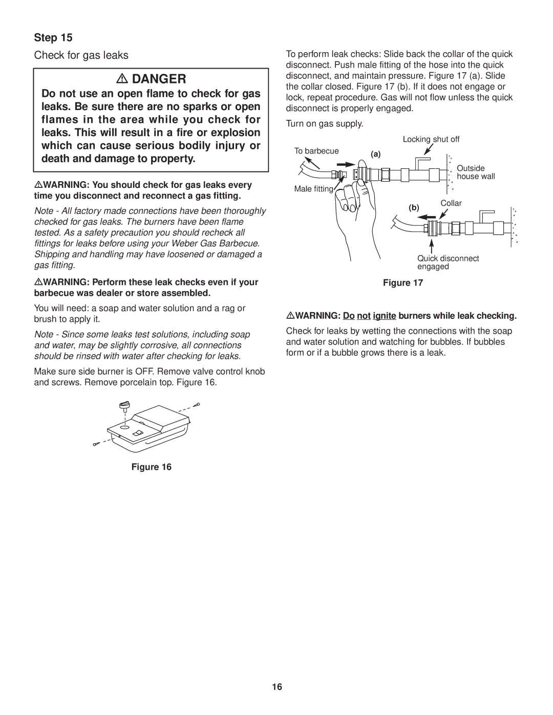 Weber 3000 Series Check for gas leaks, Death and damage to property, MWARNING Do not ignite burners while leak checking 