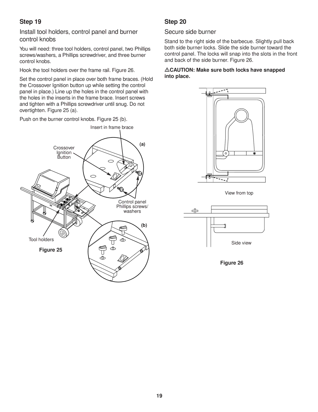 Weber 3000 Series owner manual Secure side burner, MCAUTION Make sure both locks have snapped into place 